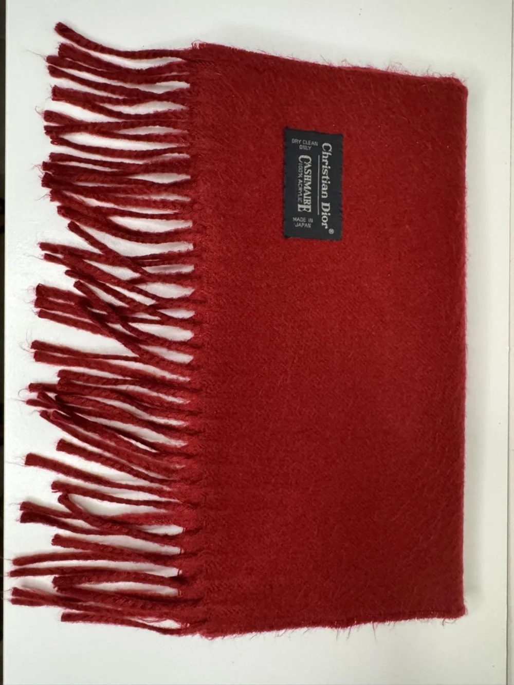 Christian Dior Red Fringed Acrylic Scarf Vintage Logo Made in Japan